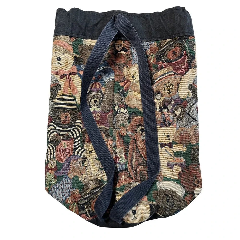 Vintage‎ 90s Teddy Bear Tapestry Bag Round Drawstring Backpack Kidcore Cottage